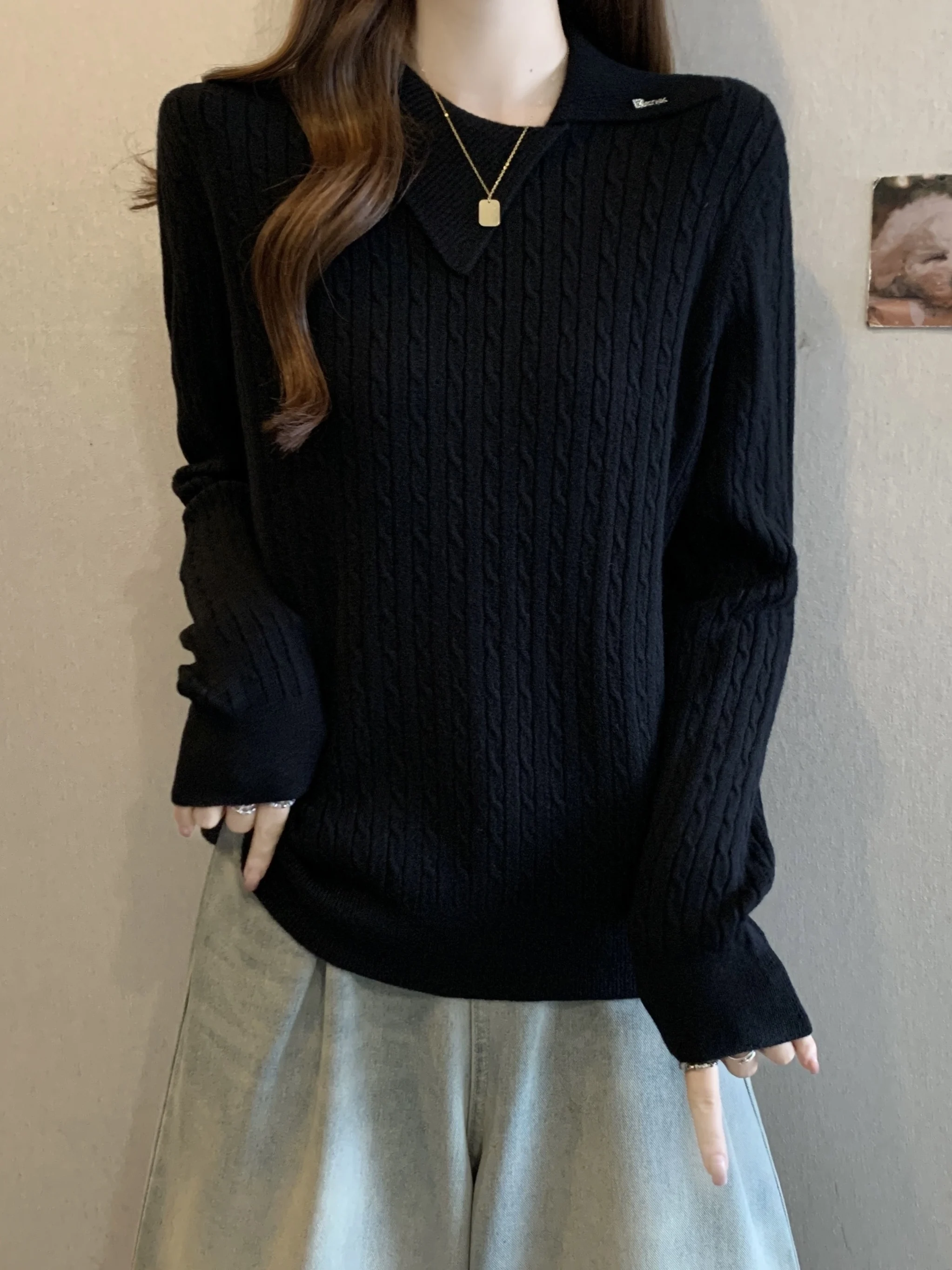 

plus Size Women's Retro Twist Knitwear Turn-down Collar Base Layer Inner Wear Sweater Autumn Winter plus Size Hide Belly Design