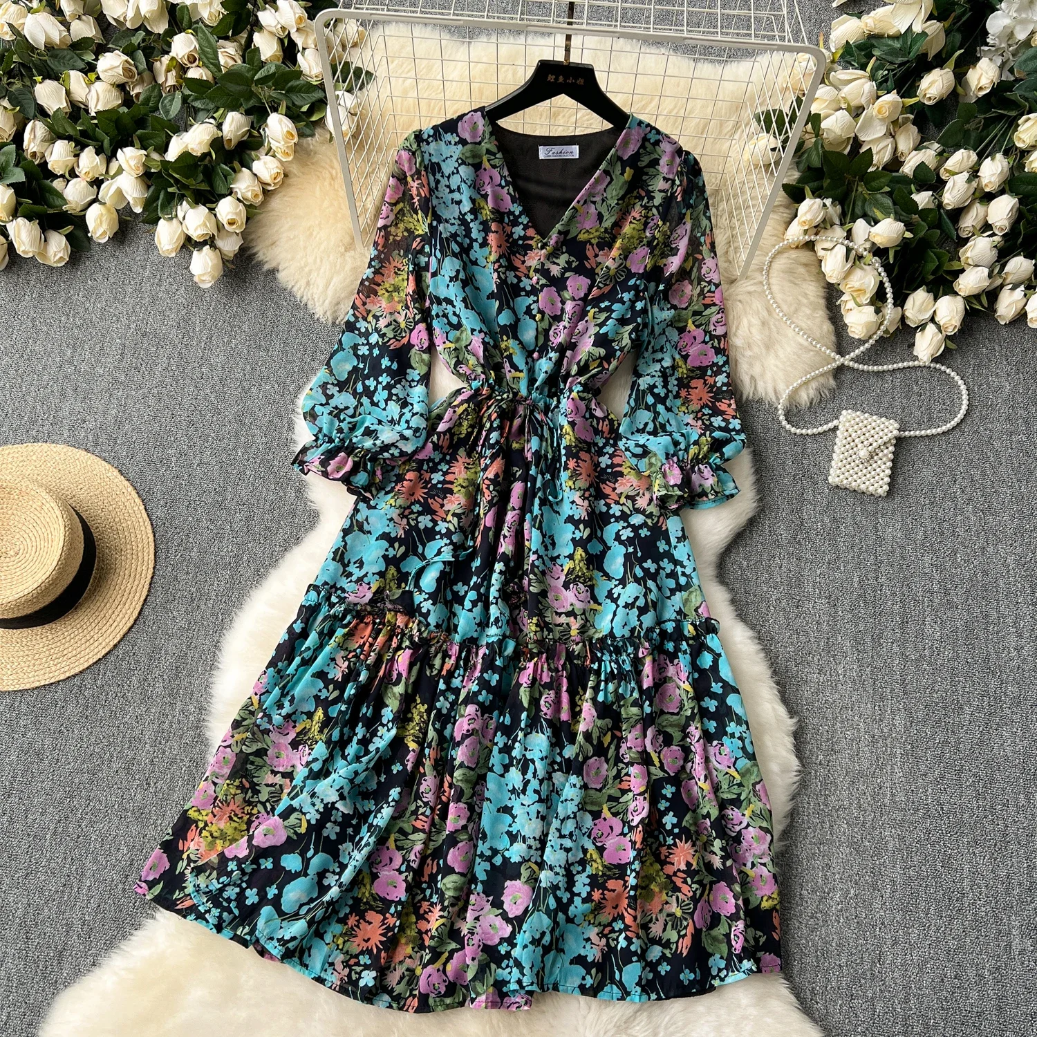 2024 Romantische Bloemenprint Chiffon Lange Mouwen Jurk Vrouwen Sexy V-Hals A Line Strand Vestidos Elegante Elastische Taille Feestjurk