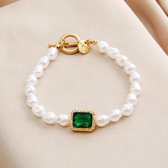 Delysia King   2021 New Pearl Bracelet creative retro fashion simple temperament inlaid green gem bracelet