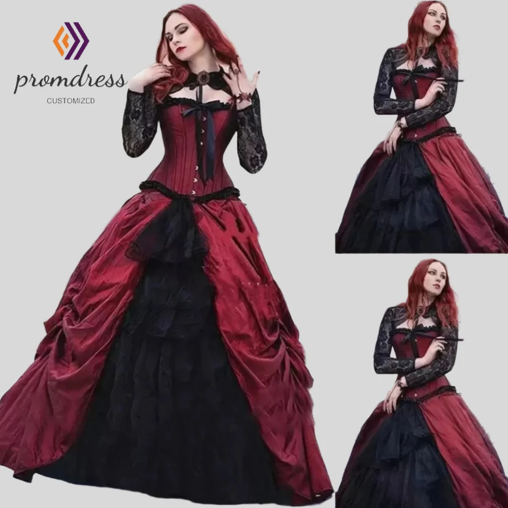 

Fantasy Victorian Gothic Wedding Dress With Lace Jacket 2 Piece Black And Red Steampunk Vampire Bridal Dress HalloweenCustomized