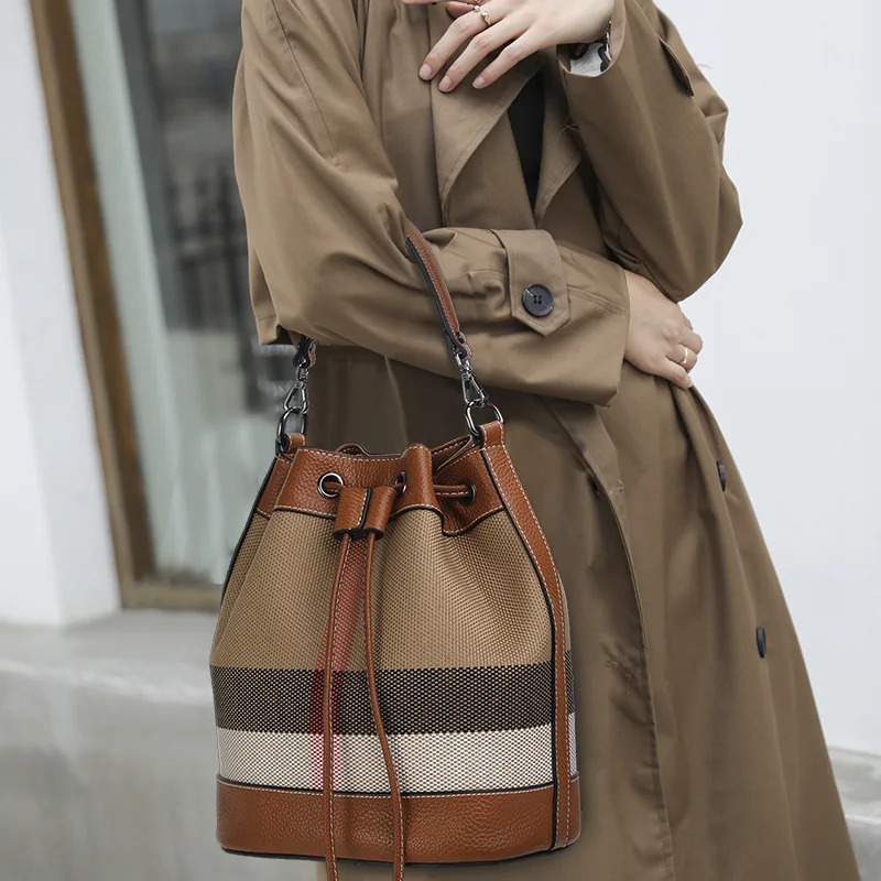 

1pc 2025 New Checked Bucket Bag - Canvas & Leather Crossbody/Shoulder, Trendy Casual Tote for Euro - Am Fashionistas Y2k