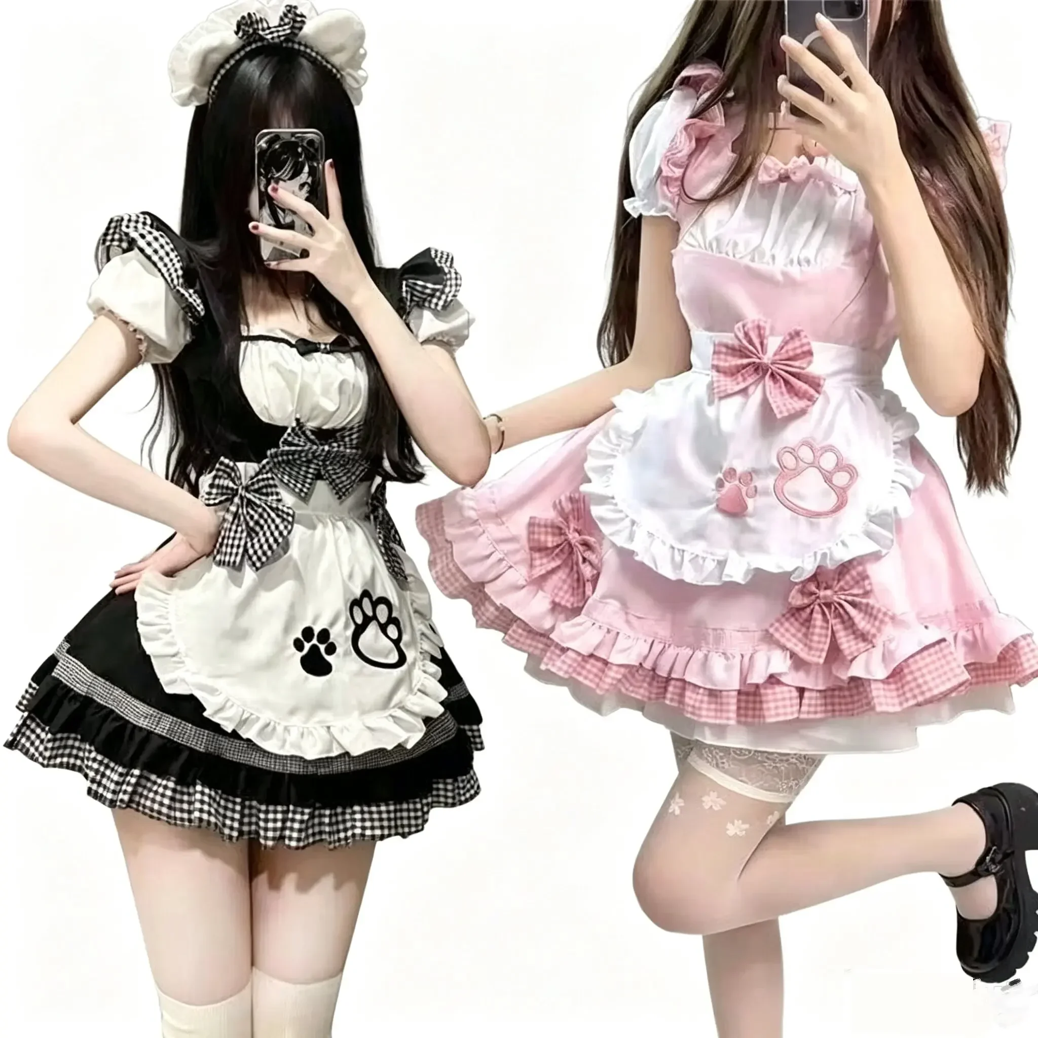 Sexy Maid Cosplay Costumes Anime Sweet Cat Skirt Black White Pink Cute Lolita Dress Carnival Party Apron Waitress Outfits view 2