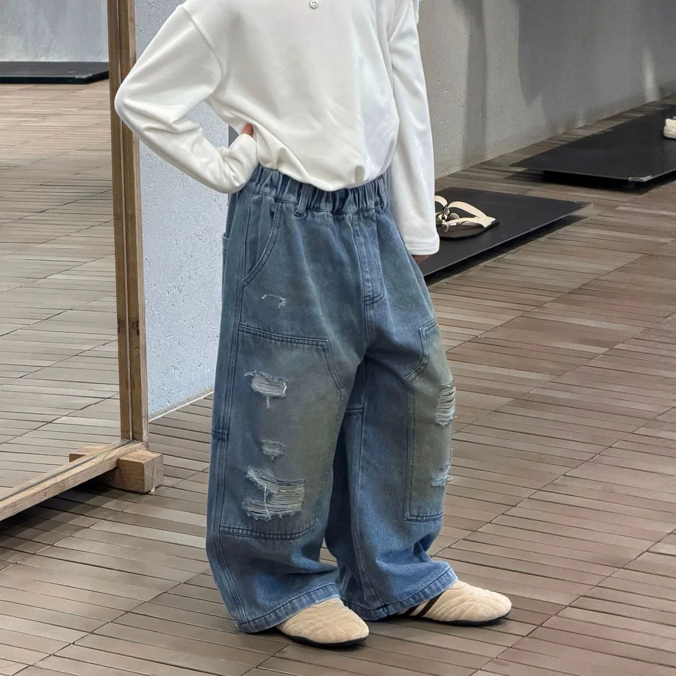 Children Clothes Kids Fashionable Denim Pants New Autumn Boys Retro Ripped Jeans Straight-leg Loose Blue Denim Pants