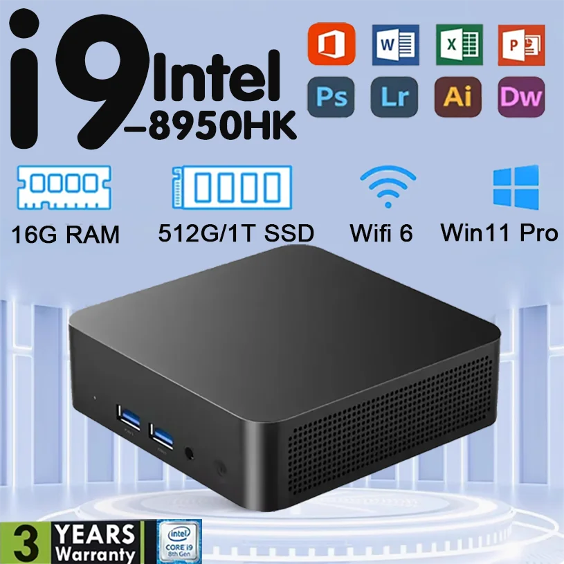 

Портативный мини-ПК для геймеров Intel Core i9 8950HK Windows 11 Мини-компьютер 16 ГБ DDR4 512 ГБ 1 ТБ SSD 1000M Ethernet Игровой ПК Настольный ПК