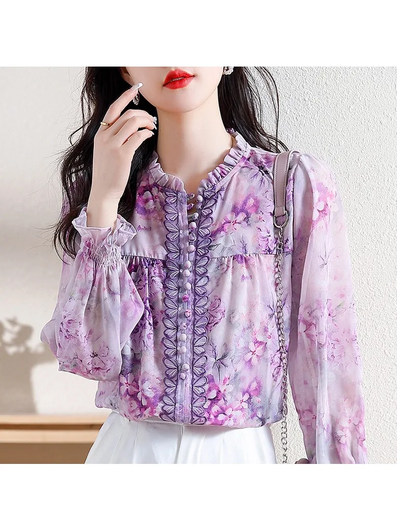 Women\'s Fashionable and Versatile Chiffon Shirt High-end and Thin Style Temperament Printed Lantern Long Sleeved Shirt