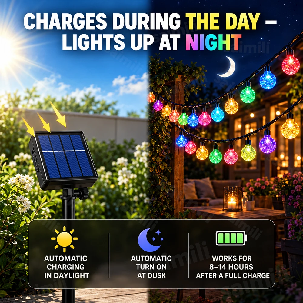 Solar Powered Bubble Globe String Lights 8 Lighting Modes Weather Resistant For Outdoor Garden Patio LED Decorative Lights