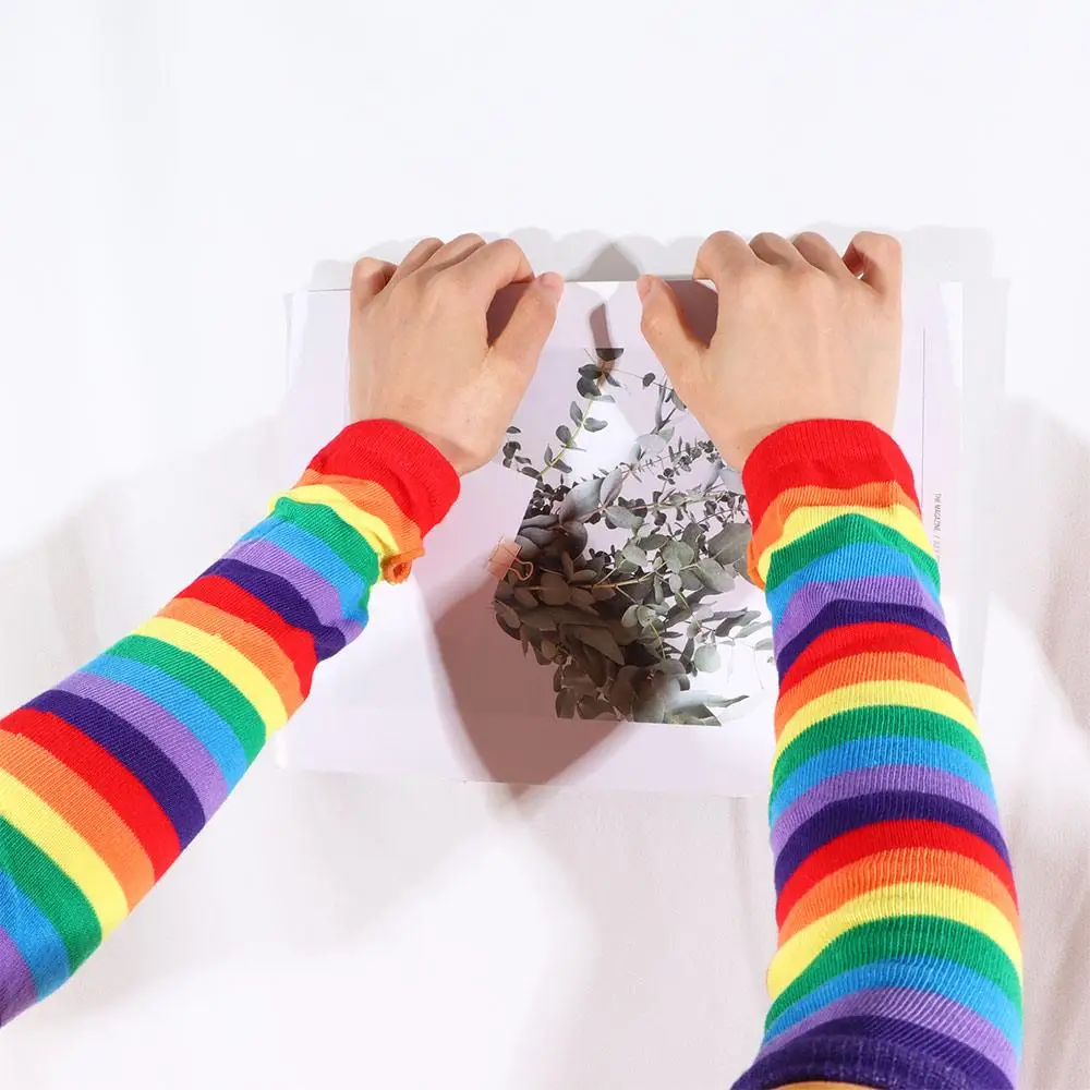 Lovely Hand Sleeve Printing Sun Protective Girls Striped Arm Warmers Rainbow Sleeve Cuff Knitting  Gloves Female Arm Warmers