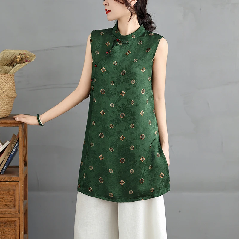 

Новый китайский роскошный топ белого цвета в стиле ретро с разрезом на пуговицах средней длины для женщин, летняя одежда 2025 года для поездок на работу