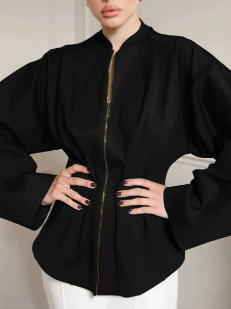 Autumn Fashion Casual Zippers Short Coats Women's Loose Full Sleeves Waist-cinching O Neck Jackets New Ladies Solid Outwear