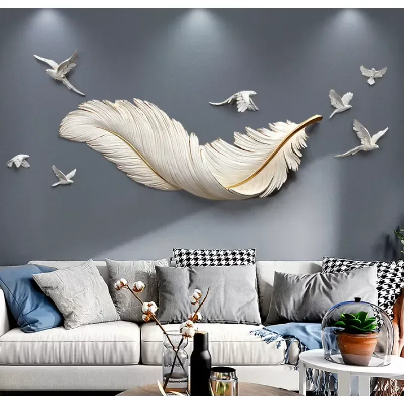 Light Nordic LED Lamp Feather Wall Decoration Paint Watercolor on Canvas Crystal and Metal Wall Art Home Decor
