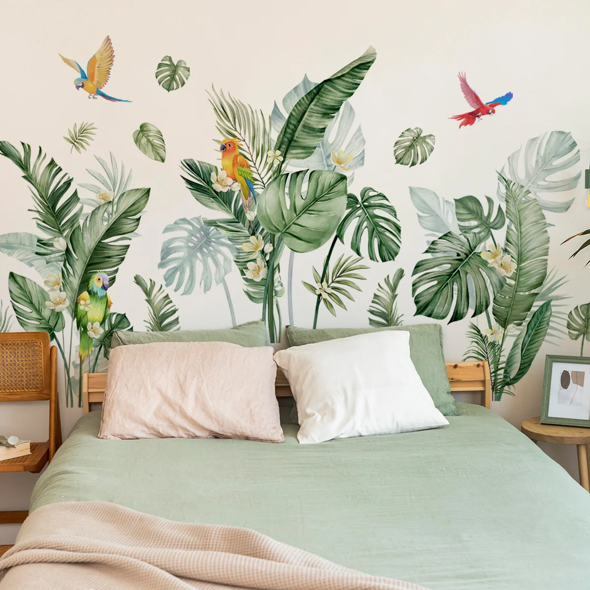 Tropical Green Leaves Plant Bird Living Room Bedroom Wall Decorative Wall Stickers Turtle Back Leaf Sticker Home Decor Art Mural