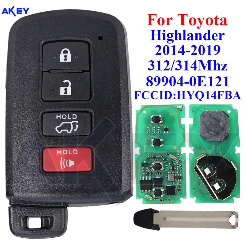 Car Key 4 Buttons Auto Smart Remote Fob Fit For Toyota Highlander 2014-2019 312/314Mhz 89904-0E121 HYQ14FBA 281451-2110