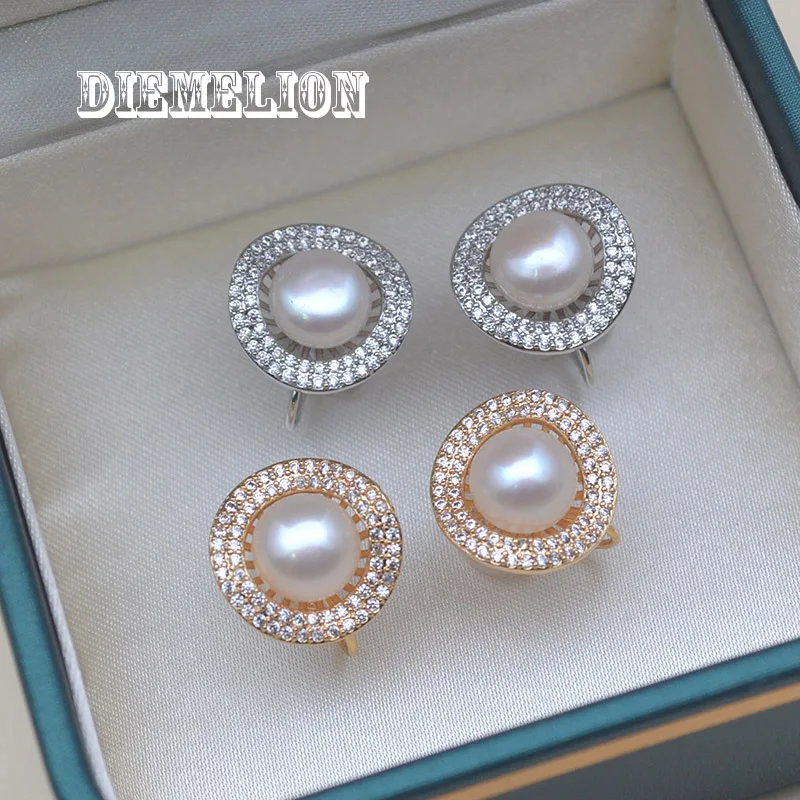 

Trendy Full Pave CZ Geometric Round Shape Natural Freshwater Pearl Clip on Earrings for Women Fashion Jewelry Gifts