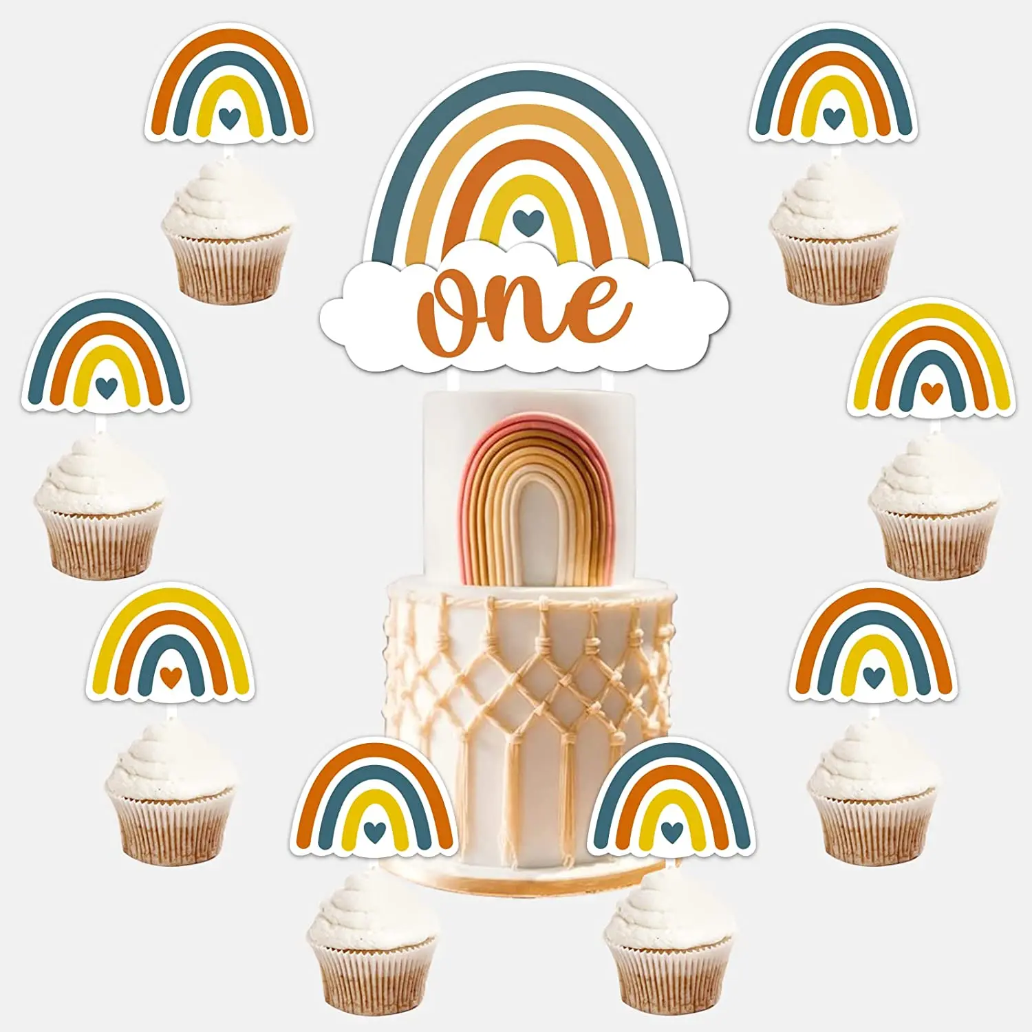 

Boho Cake Toppers for First Birthday Party Decorations, Bohemian Retro Rainbow Cake Decor, 1st Birthday Supplies for Boy and Gir