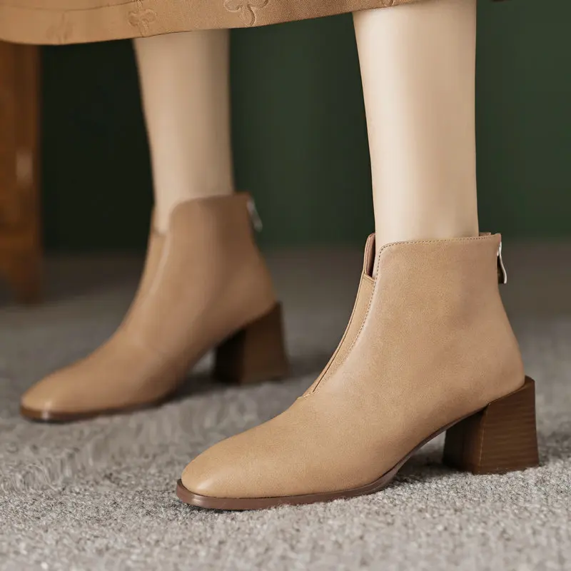 

2024 Lady Basic Women Ankle Boots Winter Thick High Heels Genuine Leather Shoes Woman Working Shoes Size 34-40