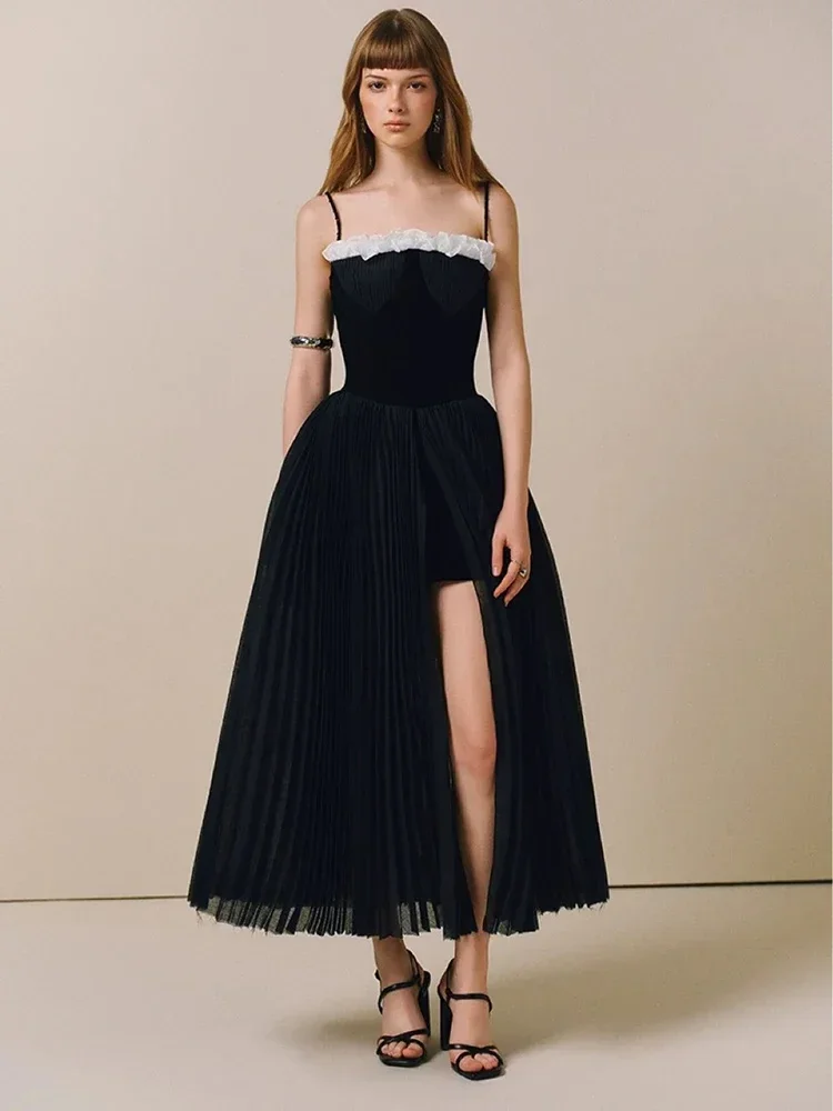 

Sexy Spaghetti Strap Ruffles Patchwork Long Dress Women Black Sleeveless High Waist Pleated A-line Dresses Elegant Evening Party