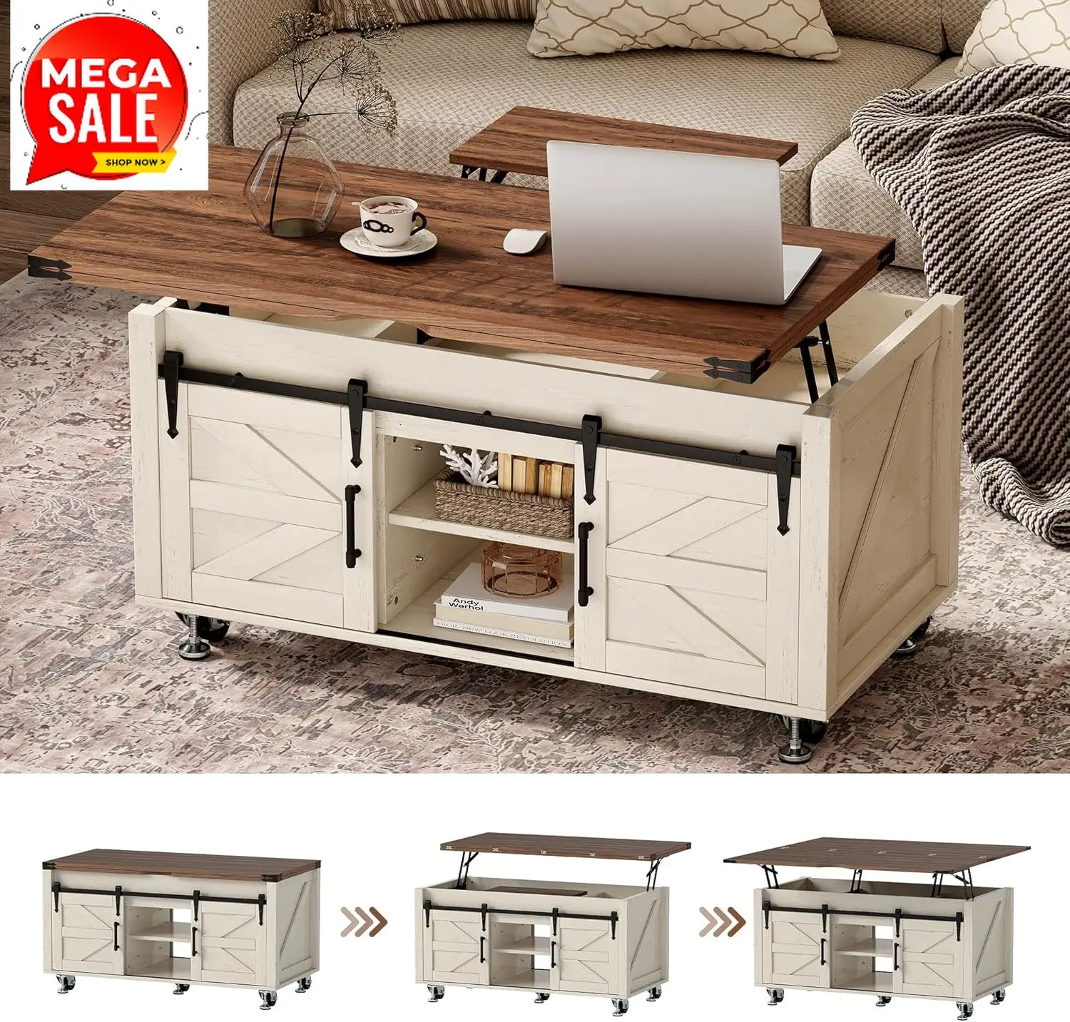 

Bestseller40” Farmhouse Coffee Table Bilateral Lift Top with Sliding Barn Door Movable Rustic Square Center Table with Large Hid