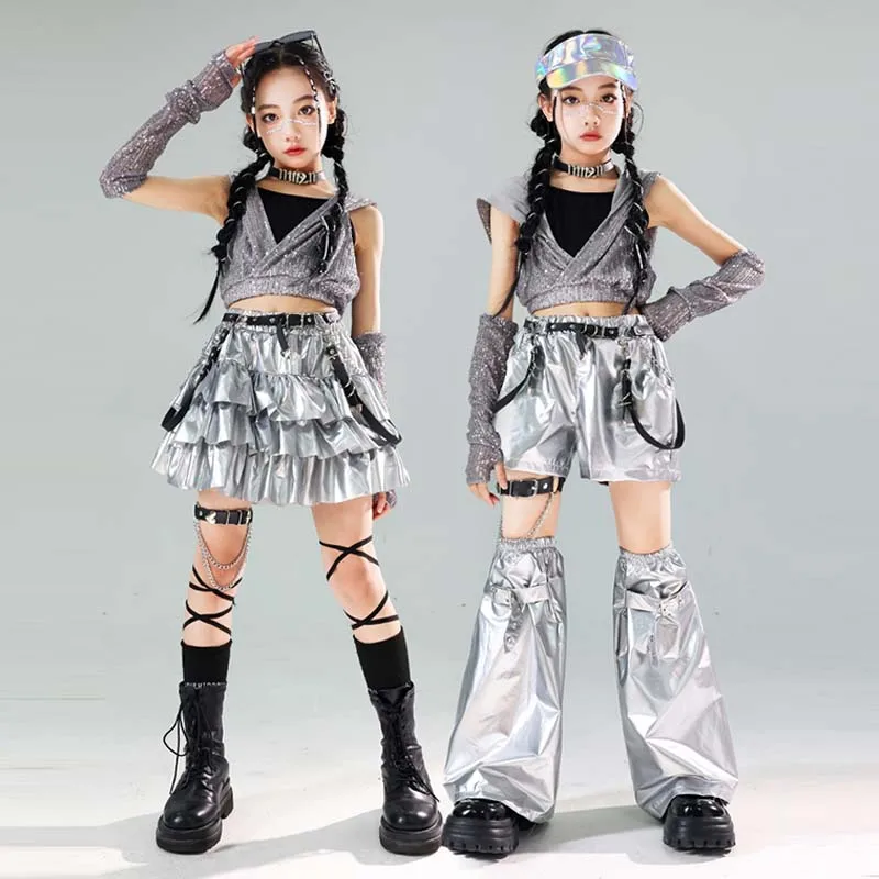 Children Jazz Dance Hip Hop Costume Girls K-Pop Stage Outfit Fashion Show Performance Clothes Silver Vest Shorts Pants Skirt 652