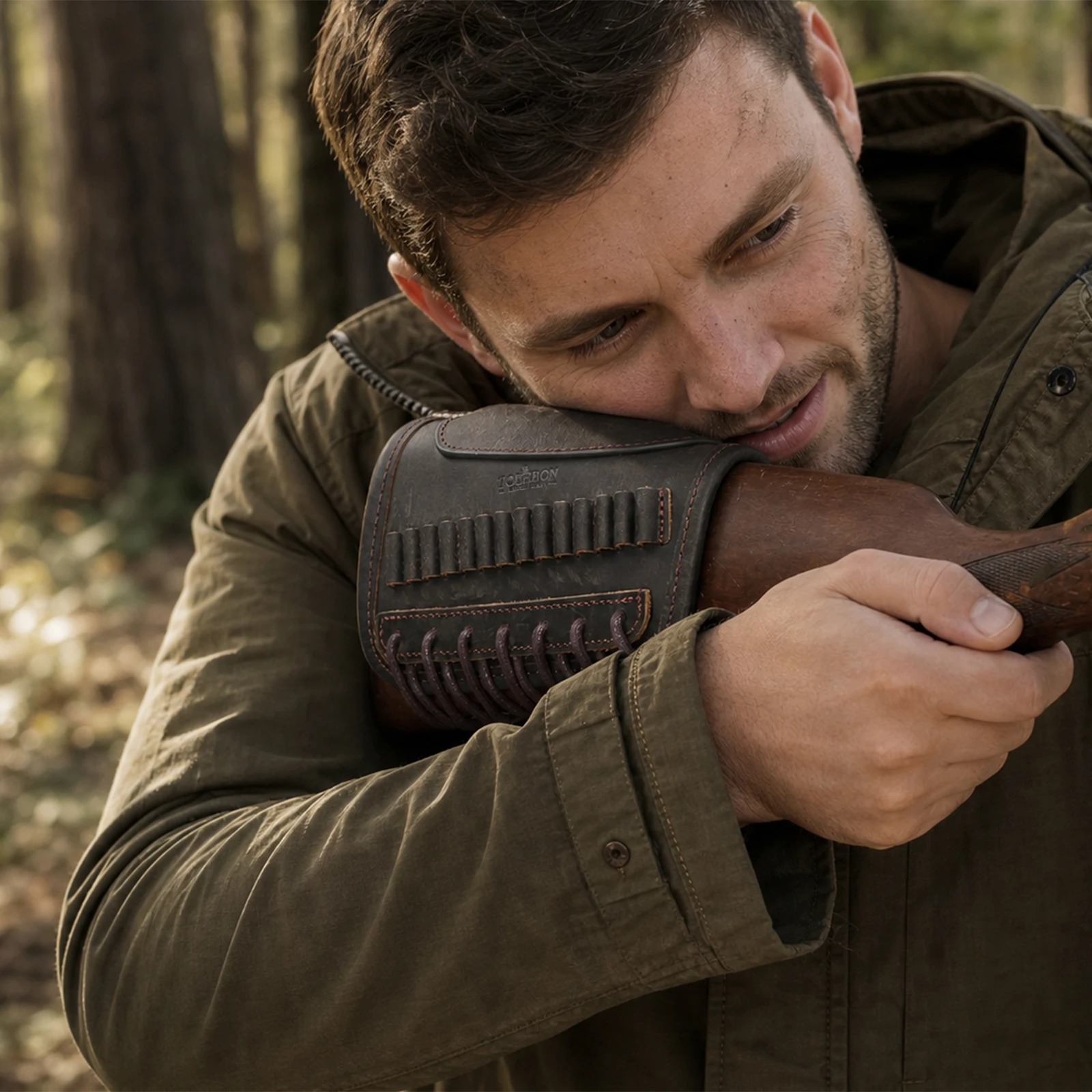 Tourbon Hunting Accessories Leather Rifle Cheek Rest Gun Buttstock Cover with 14 Rounds Ammo Loops for .22LR Adjustable Brown view 5