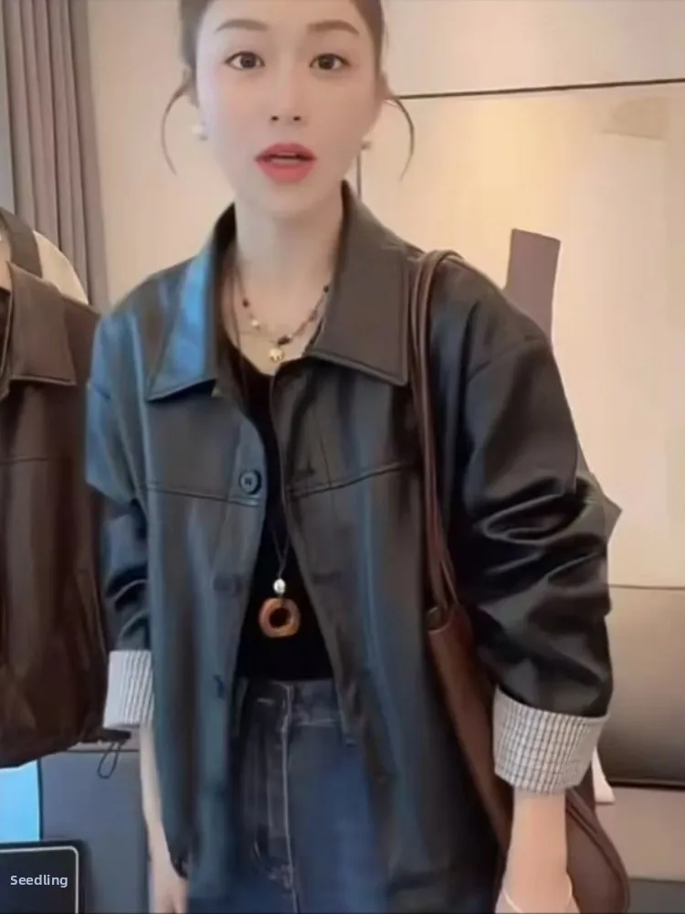 

Модная винтажная женская куртка свободного кроя с отложным воротником, повседневная, весна-осень, из полиэстера