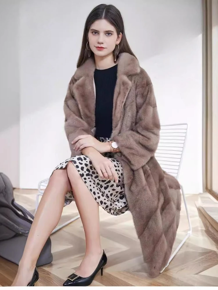 

Коричневый длинный воротник из искусственного меха с зубчатым воротником Тонкие куртки из искусственного норки Пушистые повседневные плюшевые пальто Толстые теплые пальто Offce Lady