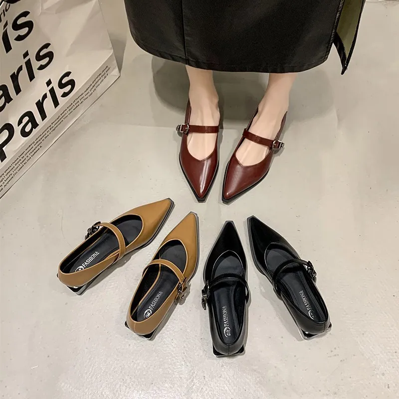 

Женские туфли Мэри Джейн с острым носком, удобные модельные туфли-лодочки на массивном среднем каблуке с одним ремешком и мелким вырезом, осень 2024, новая мода