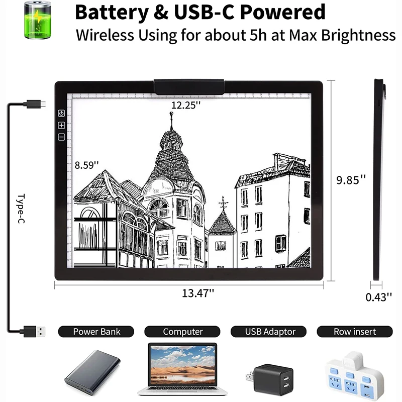 Rechargable A4/A3 Light Pad Wireless Battery Powered Light Box Light pad for Tracing Diamond Painting, Sketching X-ray
