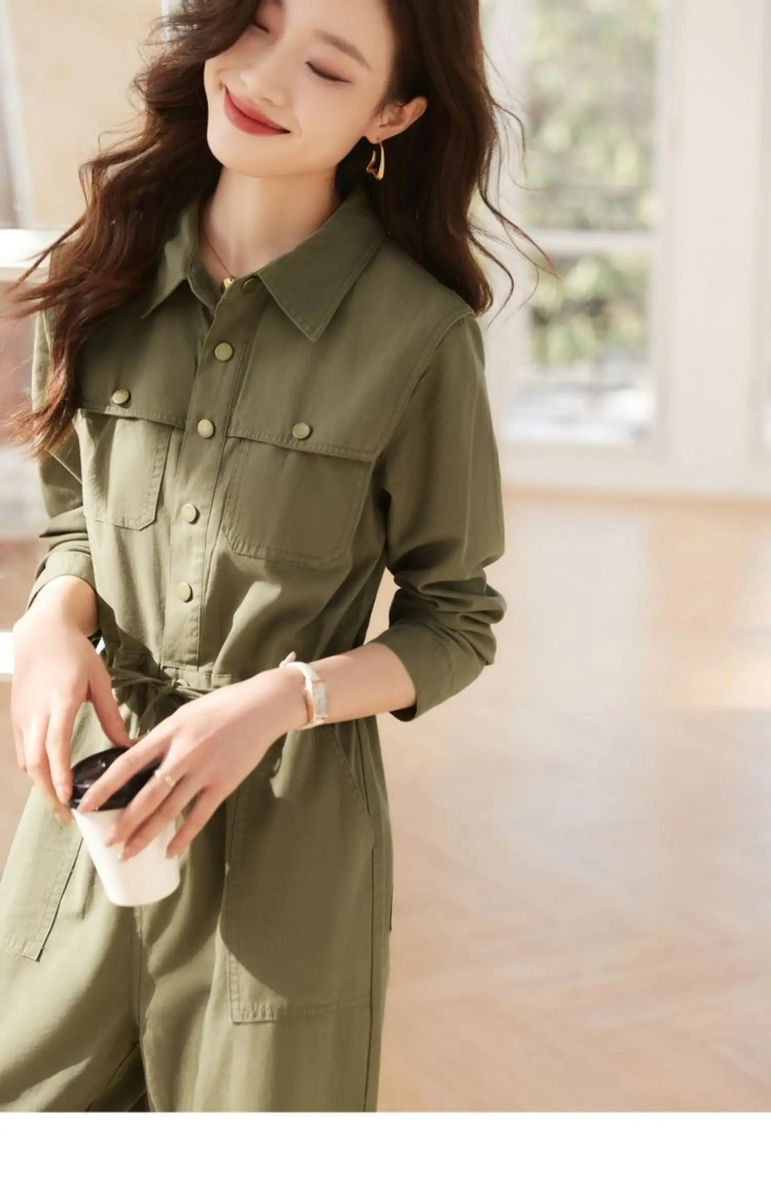 2023 Women Army Green Jumpsuit Women\'s Overalls Long Sleeve Cargos Jumpsuits Y2k Streetwear Summer Turn Down Collar Jumpsuit