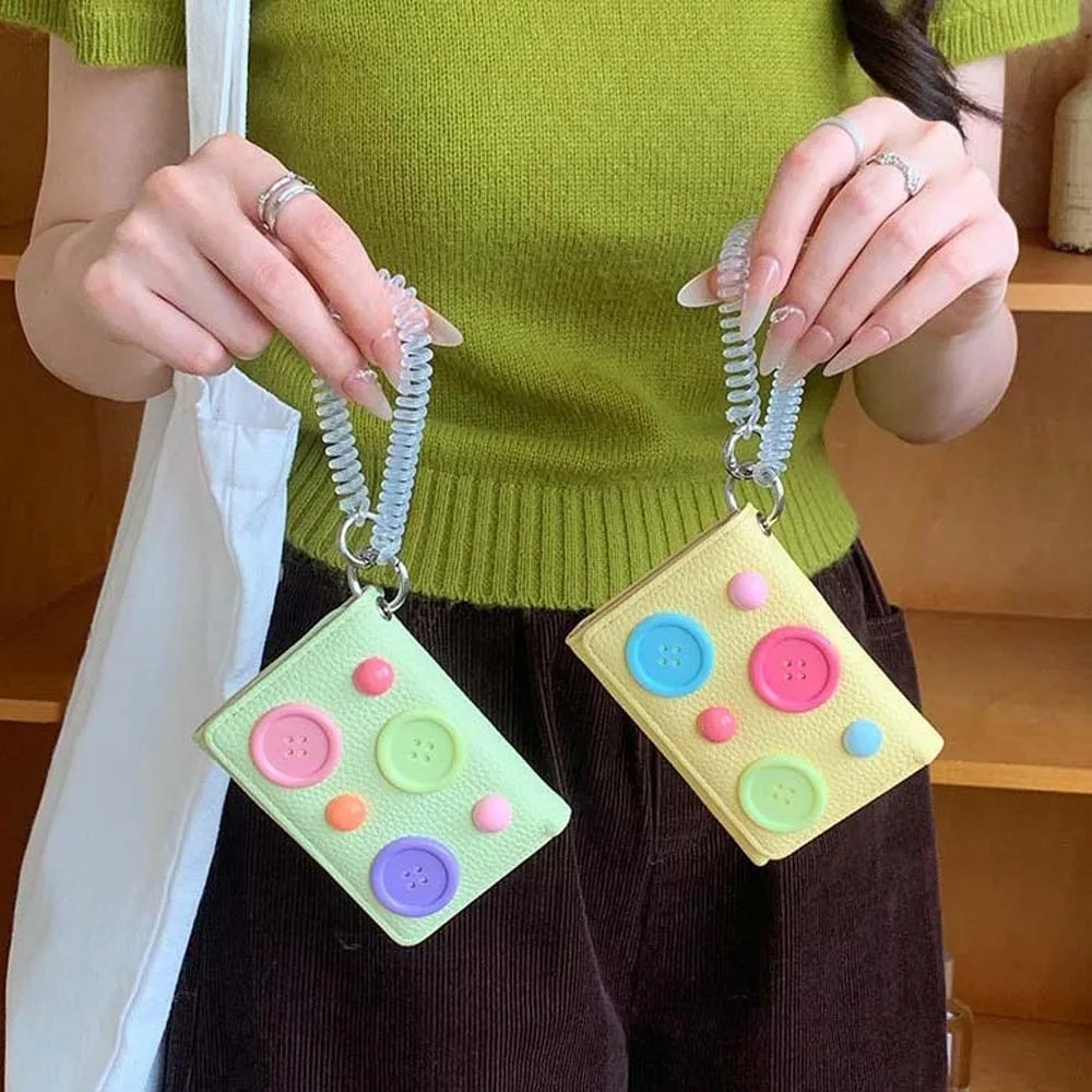Large Capacity Dopamine Color Wallet Anti Lost Spiral Strap Button Mini Purse Snap Closure Smooth Texture Tri-fold Card Holder
