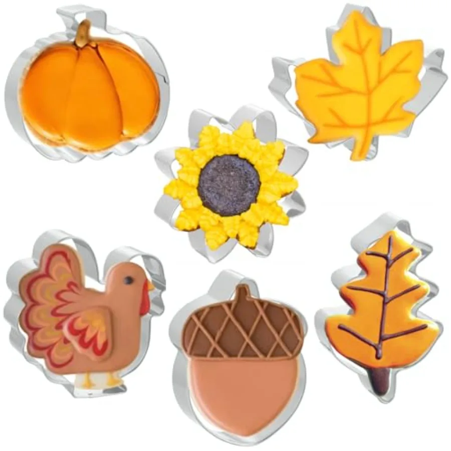 

Fall Thanksgiving Cookie Cutters 6 PCS 3'' to 3.5'' Pumpkin Leaf Turkey Acorn Sunflower