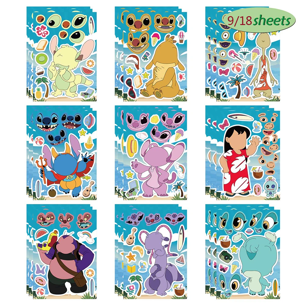 9/18Sheets Disney Cartoon Lilo Stitch Puzzle Stickers Make a Face Kids Toys Party Game Children DIY Assemble Jigsaw Decoration