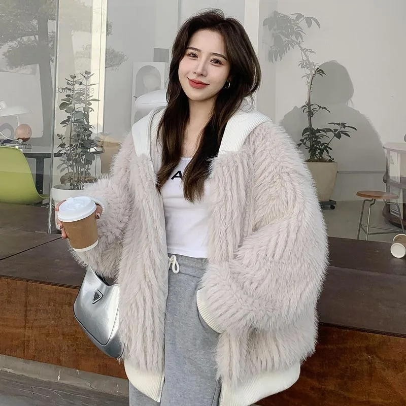 2023 New Winter Women Imitation Fox Fur Coat Loose Leisure Warm Outwear Female Fashion Stitching Imitation Mink Hooded Outcoat