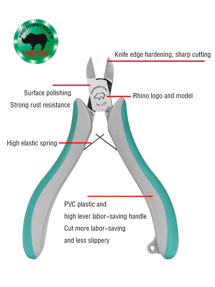 

Japanese Rhino Brand 5 Inch Oblique Nose Pliers 125mm Flat Mouth Pliers Electronic Model Plastic Wire Cutter YN-535 Cutter