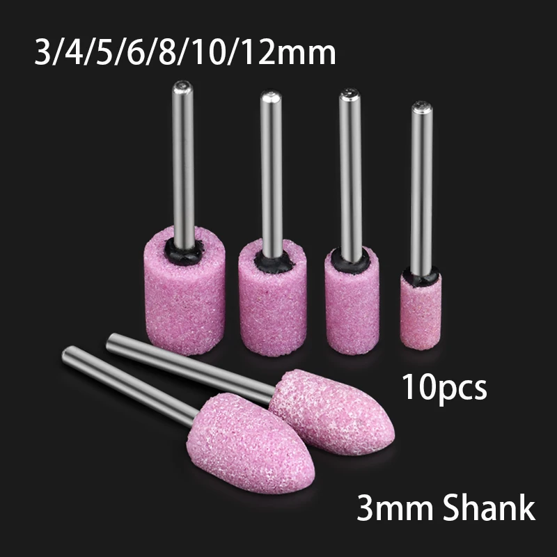 

10 шт., шлифовальная головка, абразивный камень, хвостовик 3 мм, полировка и удаление ржавчины для вращающихся инструментов Dremel, аксессуары