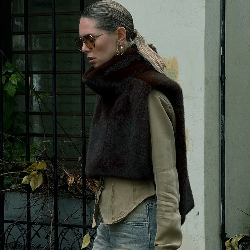 

2026 Новая мода, жилет из искусственного меха, укороченный топ, осень-зима, топы на бретелях из искусственного меха, куртка без рукавов, пальто