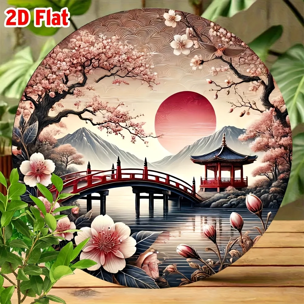 Japanese Cherry Blossom Wall Art, Red Bridge Aluminum 2D Home Decor for Bedroom Living Room Cafe