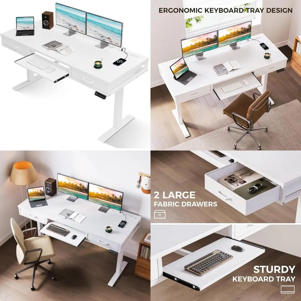 

Electric Standing Desk with Drawers & Keyboard Tray, 55 Inch Height Adjustable Desk with Power Outlets, Sit Stand Table, Writin