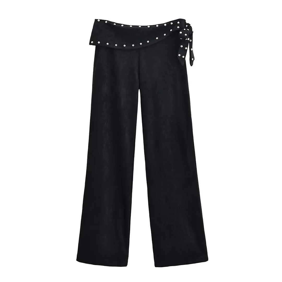 Women Black Retro Rivet Casual Pants Autumn Y2K Fashion Lace up Studded Slightly Flared Trousers Simple Versatile Pants