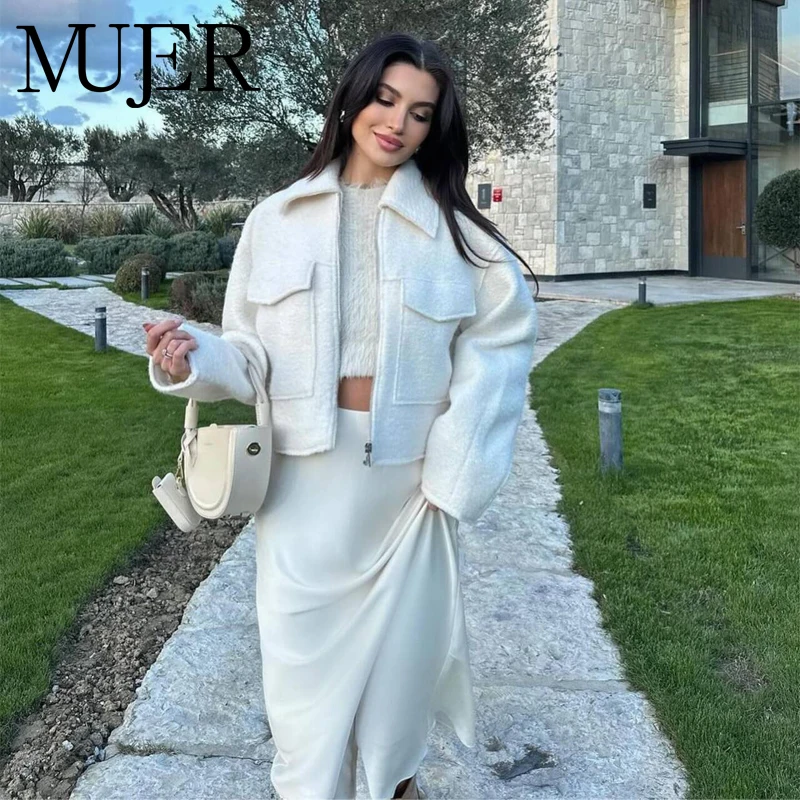 

MUJER White Tweed Jacket Women Cropped Bomber Jackets for Women Long Sleeve Zipper Jacket Woman Autumn Streetwear Outerwears