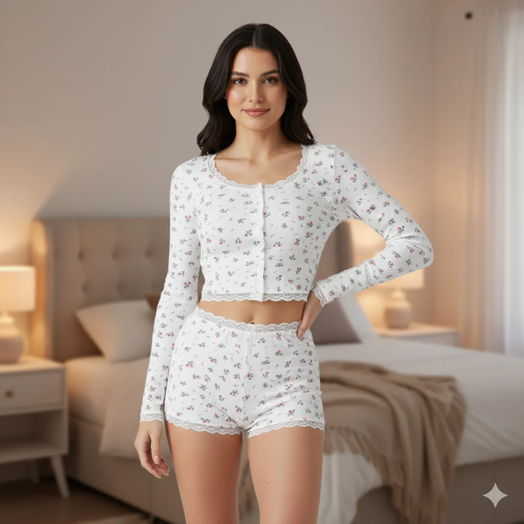 

Sweet Casual Tight-fitting Household Clothes Set Shorts+long Sleeve Shirt 2-piece Fashion Sexy Women's Floral Lace Pajamas Set