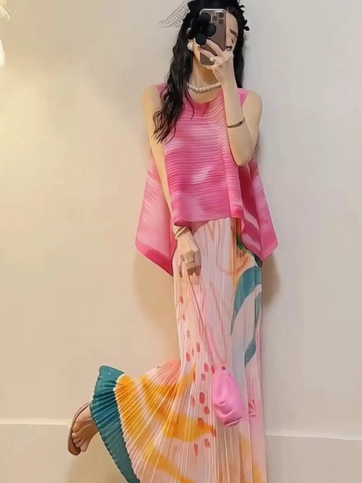 Pink Gradient Print Sleeveless Top And Half Skirt Set Women's Summer Fashion Brand Commute Style Wrap around mid Waist Length