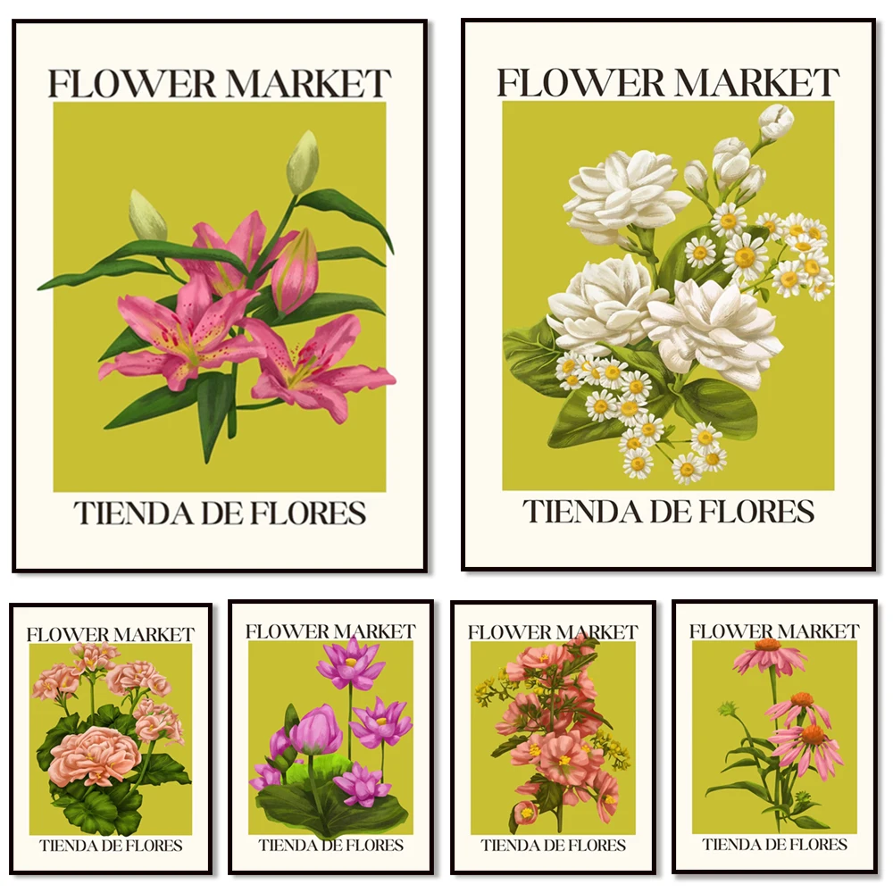 Botanical flower market prints, sunflower, lotus, elderflower, lily, chamomile, echinacea, germanium, jasmine art poster