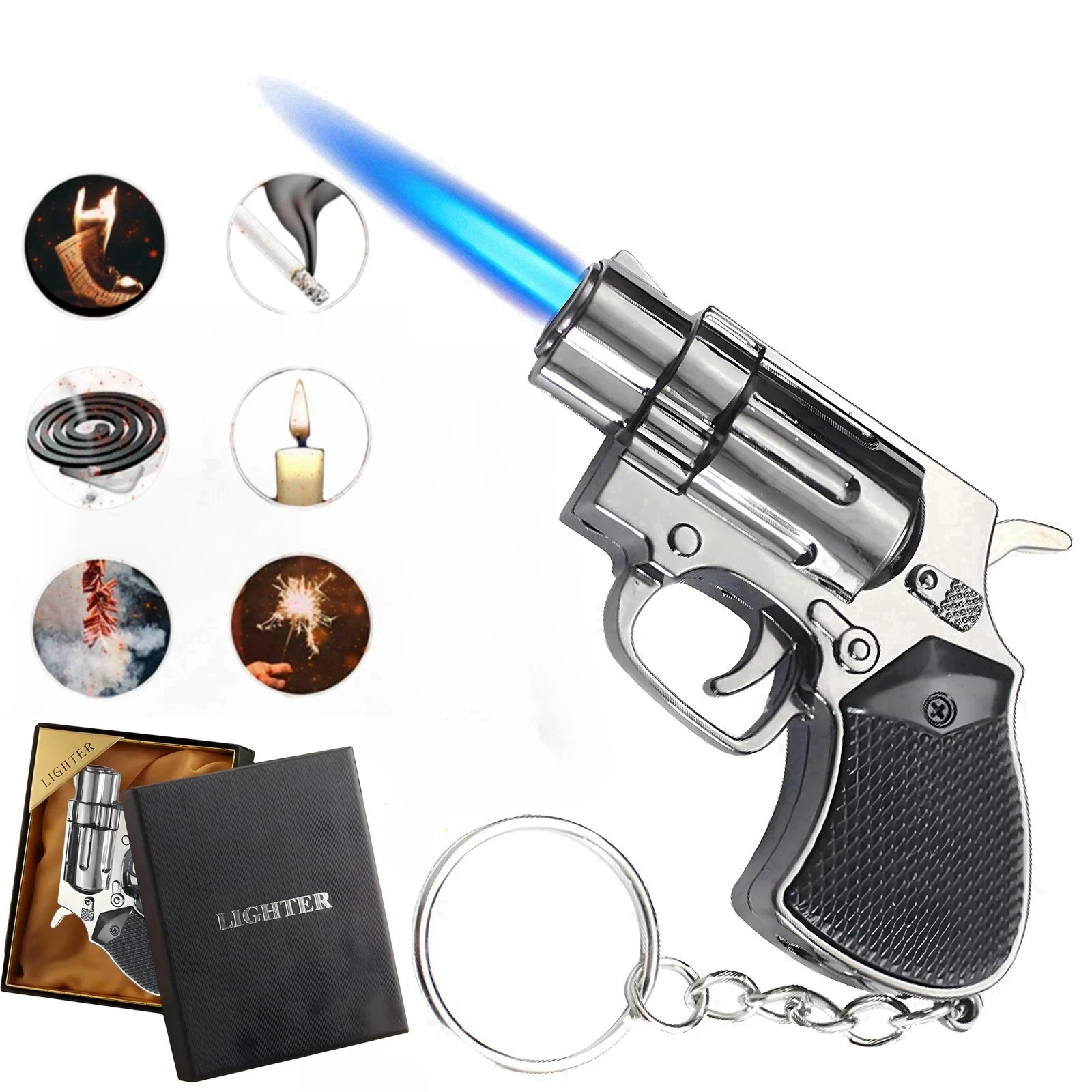 

Portable Metal Gun Shaped Keychain Lighter Windproof Spray Flame Torch Inflatable Butane Outdoor Lighter Men's Smoking Gift