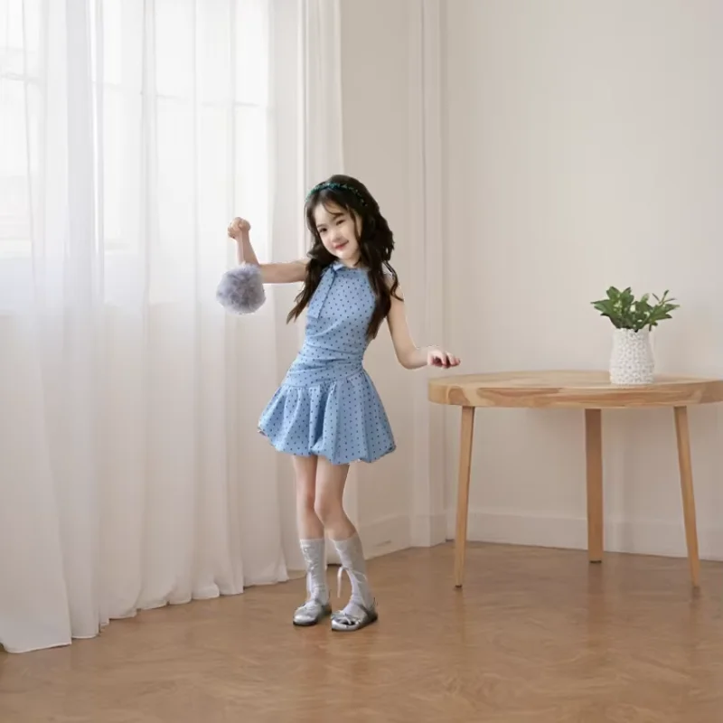 Summer Girls Blue Polka Dot Vest Dress Fashionable Little Girls Waist-Cinched Flower Bud Short Skirt Children's Clothing