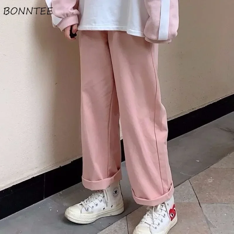 Straight Pants Women Japan Kawaii Pink College Summer Teens Trousers All-match Leisure Elastic Waist Popular Lovely Girls Pant