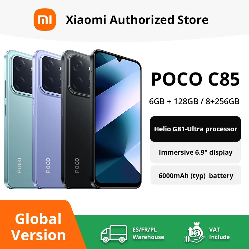 Version mondiale POCO C85 Smartphone NFC 128GB 256GB MediaTek Helio G81-Ultra 6.9 "écran Dot Drop 50MP caméra principale 6000mAh
