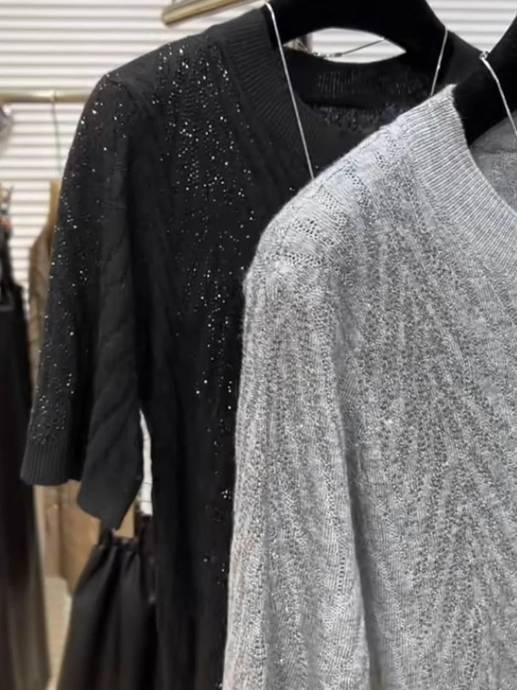 

Faionable Ice Silk Knitted Top Women's Korean Sle Commute ort Sve Heavy Embellied Design Summer New Arrival