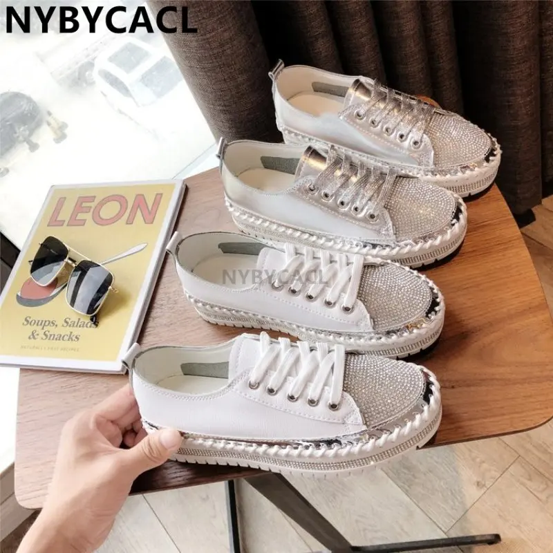 New Crystals Diamonds Women Flats Bling Flat Platform Shoes Rhinestone Ladies Round Lace-up Fashion Casual Shoes flattie platfor