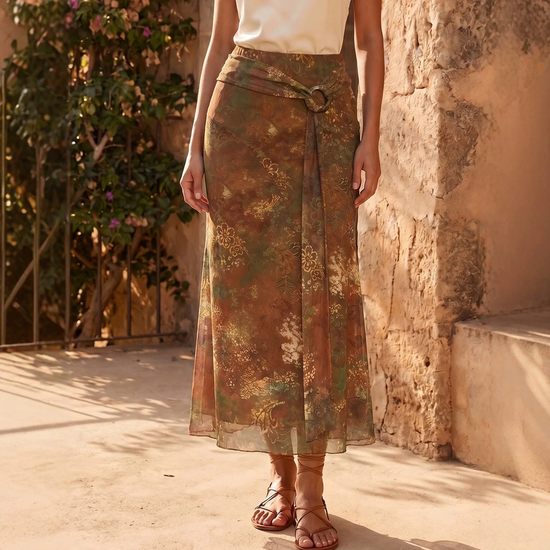 

2026 Spring Summer New Women's Vintage Floral Print Midi Skirt High Waist Tie Waist Chiffon Flowy Skirt Boho Vacation Skirt