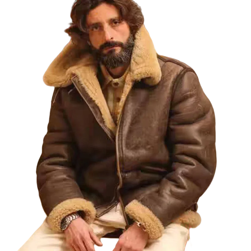 B6 Flight Suit! First Layer Sheepskin Integrated Genuine Leather Jacket Burst Brown with Fur Warm Comfortable Cold-Resistant